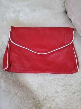 Vintage Red Envelope Clutch with White Piping - Women's Bag Gemuine Leather